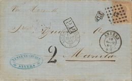 2184 Belgium. 1866. COVER. Yv. 21. 1 F Violet. AMBERES To MANILA (FILIPINAS). C.d.s. DIAMOND OF POINTS Nº12, And In The  - Otros & Sin Clasificación