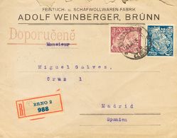 2200 Czechoslovakia. 1924. COVER. Yv. 186, 187. 200 H Blue On Cream And 300 H Lilac On Cream. Registered From BRNO To MA - Autres & Non Classés
