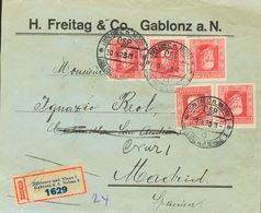 2201 Czechoslovakia. 1925. COVER. Yv. 195(5). 1 K Red, Five Stamps. Registered From JABLONEC NAD NISOU To MADRID. On Rev - Andere & Zonder Classificatie