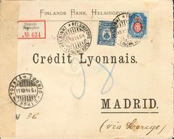 2216 Finland. 1914. COVER. Yv. 41, 43. 10 K Blue And 20 K Blue And Red. Registered From HELSINKI To MADRID, Addresed Via - Andere & Zonder Classificatie