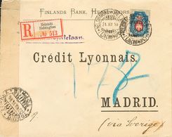 2217 Finland. 1914. COVER. Yv. 43. 20 K Blue. Registered From HELSINKI To MADRID, Addresed Via Sweden. On Reverse Arriva - Autres & Non Classés