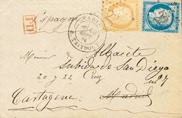 2306 France. 1874. COVER. Yv. 55, 60c. 15 Cts Bistre And 25 Cts Blue (Type III). PARIS To MADRID, Readdressed To CARTAGE - Sonstige & Ohne Zuordnung