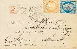 2306 France. 1874. COVER. Yv. 55, 60c. 15 Cts Bistre And 25 Cts Blue (Type III). PARIS To MADRID, Readdressed To CARTAGE - Andere & Zonder Classificatie