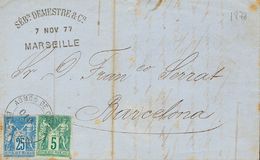 2310 France. 1877. COVER. Yv. 75, 79. 5 Cts Green And 25 Cts Blue. MARSEILLE To BARCELONA. Postmark ADMON DE CAMBIO / 01 - Sonstige & Ohne Zuordnung