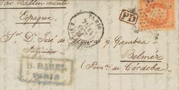 2350 France. Ballons Montés. 1870. COVER. Yv. 31. 40 Cts Orange "Ballon Monte" From PARIS To BELMEZ (SPAIN), Possibly Ca - Sonstige & Ohne Zuordnung