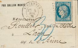 2354 France. Ballons Montés. 1870. COVER. Yv. 37. 20 Cts Blue. PARIS To LAON, Possibly Carried By The Ballon "Ville De C - Sonstige & Ohne Zuordnung