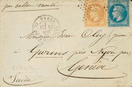 2361 France. Ballons Montés. 1870. COVER. Yv. 28B, 29B. 10 Cts Bistre And 20 Cts Blue. PARIS To GENEVA (SWITZERLAND), Tr - Andere & Zonder Classificatie