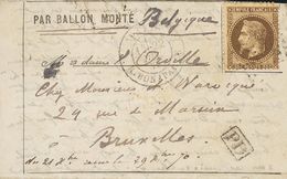 2364 France. Ballons Montés. 1870. COVER. Yv. 30. 30 Cts Chestnut. PARIS To BRUSSELS (BELGIUM), Carried By The Ballon "D - Andere & Zonder Classificatie