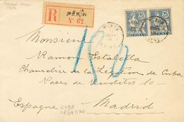 2432 China. French Post Offices. 1919. COVER. Yv. 79(2). 10 Cts On 25 Cts Blue, Two Stamps. Registered From PEKIN To MAD - Autres & Non Classés