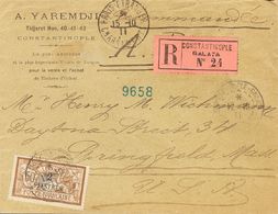 2446 French Levant. 1911. COVER. Yv. 20. 2 Pi On 50 Cts Chestnut And Lilac. Registered From GALATA To SPRINGFIELD (U.S.A - Autres & Non Classés