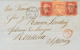 2509 Great Britain. 1863. COVER. Yv. 14(2), 18. 1 P Red Carmine, Two Stamps And 4 P Pink. DUNDEE To RENTERIA (SPAIN). Du - ...-1840 Vorläufer