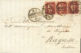 2513 Great Britain. 1875. COVER. Yv. 26(3). 1 P Red Carmine Plate 145, Three Stamps. LIVERPOOL To RAGUSA (AUSTRIA). Dupl - ...-1840 Voorlopers