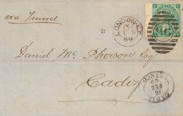 2518 Great Britain. 1869. COVER. Yv. 31. 1 S Green Plate 4. LONDON To CADIZ. On The Front Oval Datestamp CADIZ / FRANCO. - ...-1840 Vorläufer