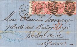 2522 Great Britain. 1873. COVER. Yv. 33(4). 3 P Pink Plate 10, Strip Of Four. LONDON To VALENCIA. VERY FINE AND UNUSUAL  - ...-1840 Voorlopers