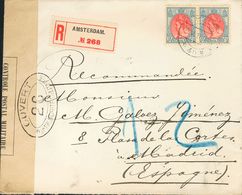 2604 Netherlands. 1916. COVER. Yv. 76A(2). 15 Cts Blue And Pink, Pair. Registered From AMSTERDAM To MADRID (addressed To - Autres & Non Classés