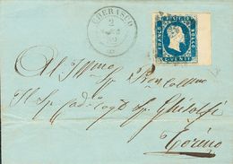 2620 Sardinia. 1852. COVER. Yv. 2. 20 Cts Blue, Margin Sheet. CHERASCO To TURIN. Postmark DIAMOND OF DOTS And In The Fro - Sardaigne