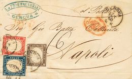 2621 Sardinia. 1860. COVER. Yv. 11b, 12, 13. 10 Cts Brown Chestnut, 20 Cts Dark Blue (fold File) And 40 Cts Red. GENOVA  - Sardinia