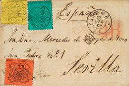 2624 Papal States. 1870. COVER. Yv. 21, 22, 24. 5 Cts Blue Green, 10 Cts Red Orange And 40 Cts Yellow. ROME To SEVILLA.  - Etats Pontificaux