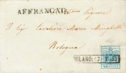 2625 Lombardy-Venetia. 1853. COVER. Yv. 5a. 45 Cts Light Blue (Type II). MILAN To BOLONIA. Linea Postmark MILANO: 27-1:  - Lombardo-Vénétie