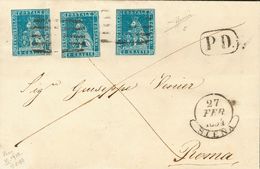 2635 Tuscany. 1854. COVER. Yv. 5. 2 Crazie Clear Blue On Gray, Three Stamps. SIENA To ROME. Mute Postmark FIVE BARS. VER - Andere & Zonder Classificatie