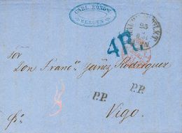 2687 Norway. 1861. COVER. BERGEN To VIGO (SPAIN), Addresed Via France. Spanish Rate "4 R" (reales), In Blue. VERY FINE A - Other & Unclassified