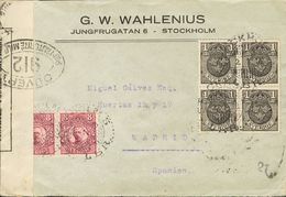 2743 Sweden. 1918. COVER. Yv. 55(4), 63(2). 1 Ore Black, Block Of Four And 8 Ore Lila, Pair. STOCKHOLM To MADRID. On Rev - Other & Unclassified