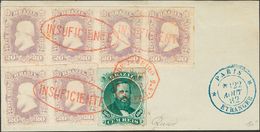 2837 Brazil. 1878. COVER. Yv. 38(6), 34. 20 Reis Purple, Strip Of Four And Pair And 100 Reis Green, On Piece. Oval Cance - Andere & Zonder Classificatie