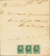 2840 Brazil. 1877. COVER. Yv. 41(3). 100 Reis Green, Strip Of Three (franked On Reverse). Registered Cover From LEOPOLDI - Andere & Zonder Classificatie