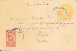 2888 Ecuador. Entero Postal. 1902. SOBRE. Yv. Fiscal 114. 2 Ctvos Amarillo Sobre Entero Postal De GUAYAQUIL A MADRID, Co - Equateur