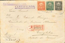 3046 Nicaragua. 1906. SOBRE. Yv. 196, 199, 206. 1 Ctvo Verde, 4 Ctvos Naranja Y 1 Peso Negro. Certificado De MANAGUA A C - Nicaragua