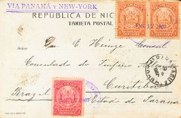 3051 Nicaragua. 1907. SOBRE. Yv. 197, 199(2). 2 Ctvos Rosa Y 4 Ctvos Naranja, Dos Sellos. Tarjeta Postal (Ilustración De - Nicaragua