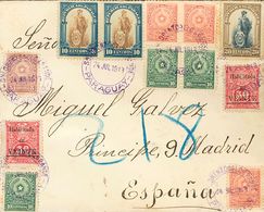 3084 Paraguay. 1913. SOBRE. Yv. 202,203/04(3),195(2),196,199(2. 5 Ctvos Lila, 10 Ctvos Verde, Tres Sellos, 20 Ctvos Rojo - Paraguay