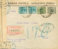 3098 Perú. 1917. SOBRE. Yv. 142, 143, 147(2). 1 Ctvo Gris, 2 Ctvos Verde Y 12 Ctvos Azul Verde, Dos Sellos. Certificado  - Pérou