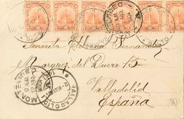 3115 Uruguay. 1904. SOBRE. Yv. 144(6). 5 Mils Naranja, Seis Sellos (uno Plegado Hacia El Dorso). Tarjeta Postal De MONTE - Uruguay