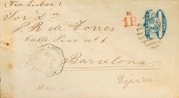 3121 Uruguay. Entero Postal. 1880. SOBRE. 10 Cts Azul Sobre Entero Postal De MONTEVIDEO A BARCELONA. En El Frente Marca  - Uruguay