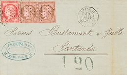 3127 Venezuela. Agencia Postal Francesa. 1876. SOBRE. Yv. Francia 57, 58(2). 10 Cts Castaño Sobre Rosa, Dos Sellos Y 80  - Venezuela