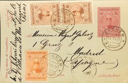 3156 Iran. 1925. COVER. Yv. 459, 460(2). 2 Ch Violet On Postal Stationery SENNEH To MADRID, With Complementary Franking  - Iran