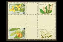 5114 FLOWERS - RARE CROSS GUTTER BLOCK OF FOUR Grenada 1984 Flowers 90c (Spider Lily) And $4 (Giant Alocosa), SG 1331/13 - Unclassified