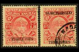 6589 COCHIN 1942-44 3p On 1a8p Carmine, BOTH TYPES, SG 75/76, Fine Used. (2 Stamps) For More Images, Please Visit Http:/ - Other & Unclassified