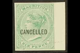 7039 1863 6d Blue-green De La Rue (SG 65) IMPERF PLATE PROOF Overprinted "Cancelled" On White Surfaced Paper With 4 Good - Mauritius (...-1967)