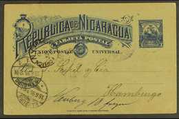 7266 1895 (18 May) 3c Blue Postal Card From Rivas To Germany, Variously Cancelled Incl NY Foreign Transit Cds & Hamburg  - Nicaragua