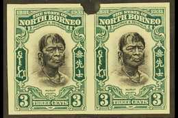 7321 1931 IMPERF PLATE PROOFS. 1931 3c Black & Blue-green 'Head Of A Murut' (SG 295) Horizontal IMPERF PLATE PROOF PAIR  - North Borneo (...-1963)