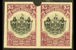 7326 1931 IMPERF PLATE PROOFS. 1931 $5 Black & Purple 'Arms Of The Company' (SG 302) Horizontal IMPERF PLATE PROOF PAIR  - North Borneo (...-1963)