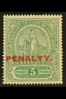 7693 CAPE OF GOOD HOPE REVENUE - 1911 £5 Green & Green, Standing Hope Ovptd "PENALTY" Barefoot 11, Couple Of Vertical Cr - Unclassified