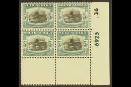 7810 1947-54 5s Black & Pale Blue-green, Cylinder 6925 36 Block Of 4 With "Rain" Variety, SG 122, Hinged On Top Pair, Lo - Unclassified