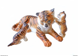 Lot 3 Figurine Ancienne Allemande Famille Tigre Biscuit Statuette Animal 1890 Bisque Miniature Bibelot - Animaux