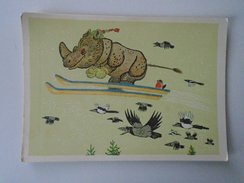 D155027 Animals  - Rhino Rhinoceros SKI SKIING    - Illustr. Golubev URSS Russia - Rhinoceros