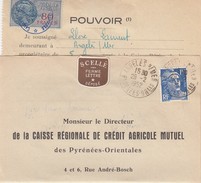 1952 POUVOIR CAISSE RÉGIONALE CRÉDIT AGRICOLE MUTUEL PYRENEES-ORIENTALES -T. FISCAL 80F - ARGELES S/MER /1 - Storia Postale