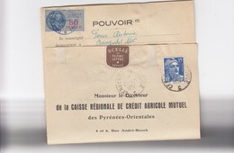 1952 POUVOIR CAISSE RÉGIONALE CRÉDIT AGRICOLE MUTUEL PYRENEES-ORIENTALES -T. FISCAL 80F - BANYULS S/MER /1 - Lettres & Documents
