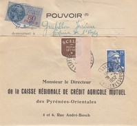 1952 POUVOIR CAISSE RÉGIONALE CRÉDIT AGRICOLE MUTUEL PYRENEES-ORIENTALES -T. FISCAL 80F - ESPIRA DE L'AGLY /1 - Cartas & Documentos